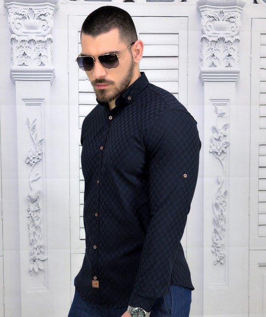 Мъжка риза в тъмно синьо на малки квадрати Extra Slim Fit от коприна