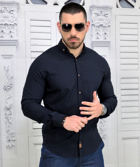 Мъжка риза в тъмно синьо на малки квадрати Extra Slim Fit от коприна