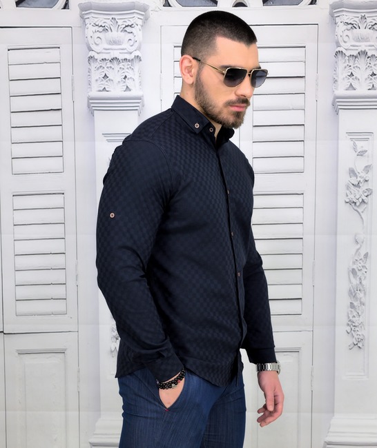 Мъжка риза в тъмно синьо на малки квадрати Extra Slim Fit от коприна