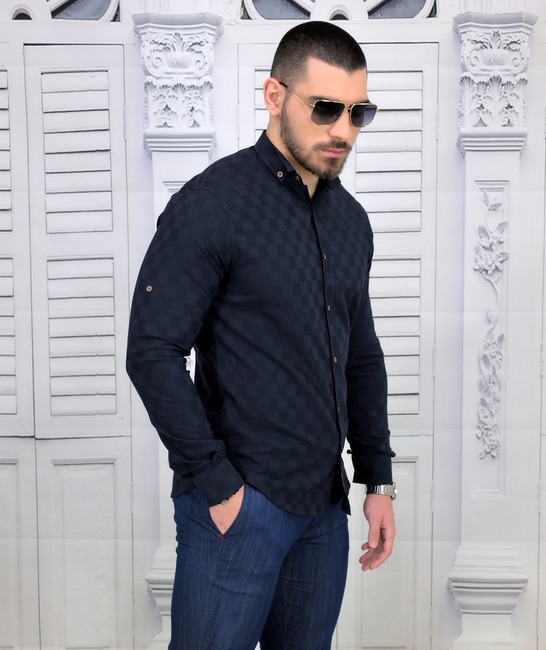 Мъжка копринена риза в тъмно синьо на квадрати Extra Slim Fit