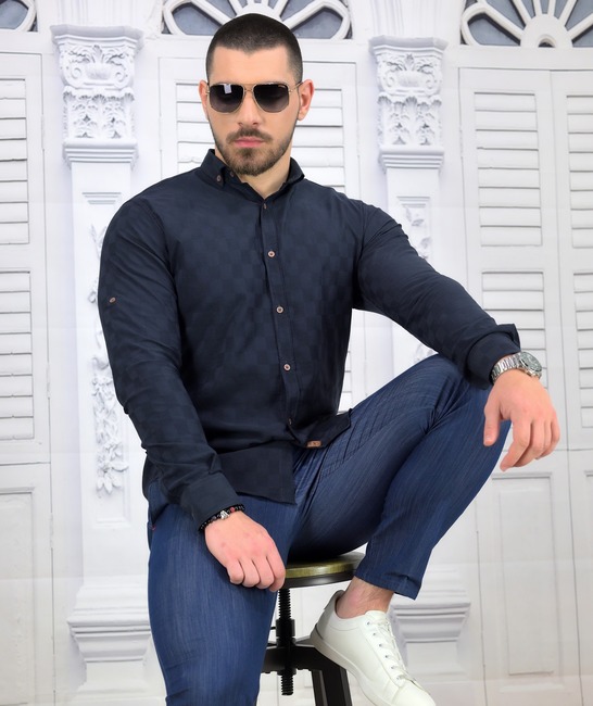Мъжка копринена риза в тъмно синьо на квадрати Extra Slim Fit