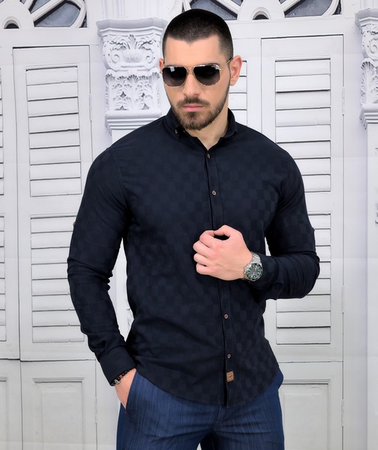 Мъжка копринена риза в тъмно синьо на квадрати Extra Slim Fit