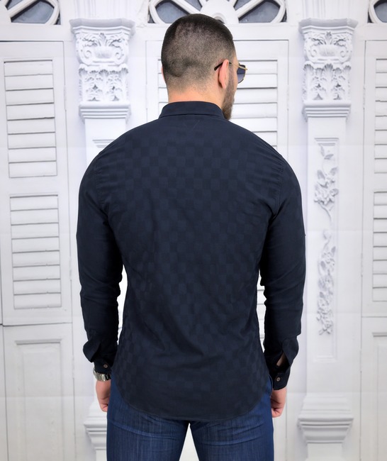 Мъжка копринена риза в тъмно синьо на квадрати Extra Slim Fit